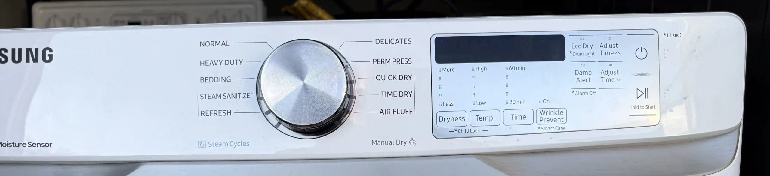 Samsung gas dryer control panel with steam cycle options