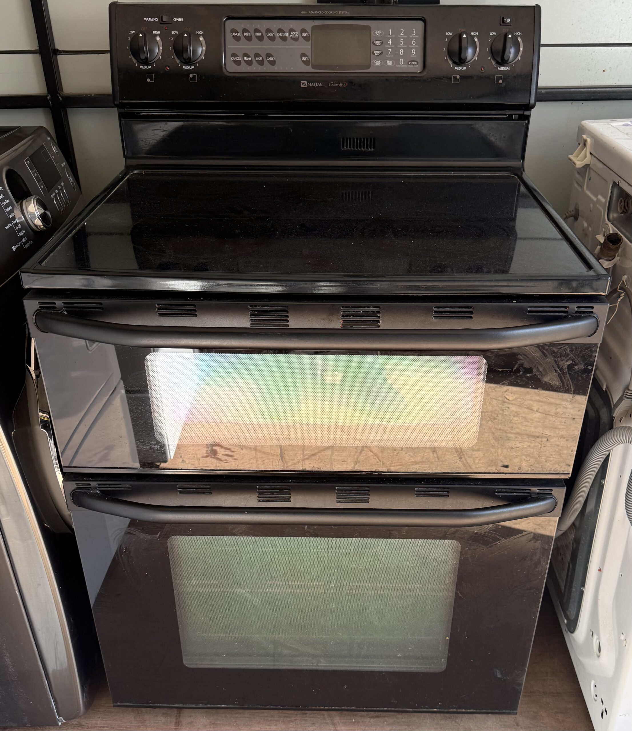 Maytag Gemini Black Double Oven Electric Range with Glass Cooktop