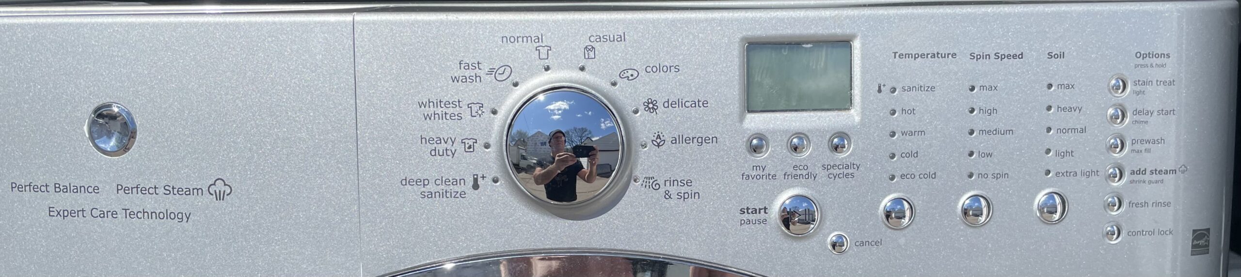 Electrolux silver gas dryer control panel close-up