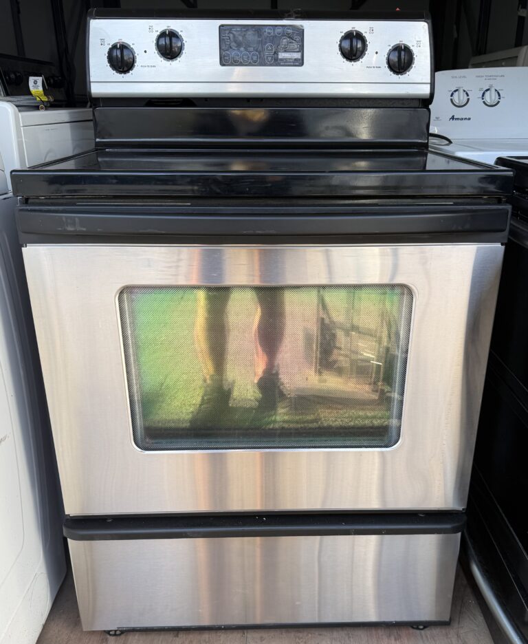 Whirlpool electric range in stainless steel, front view