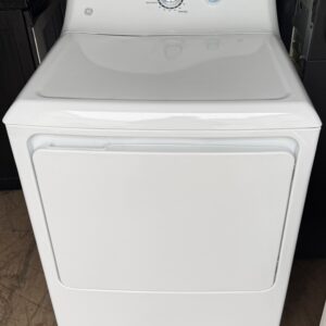 GE white electric dryer front view with Cottons cycle dial and Start button