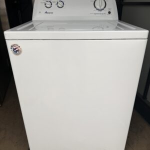 Amana washer top-load style, front view with lid closed