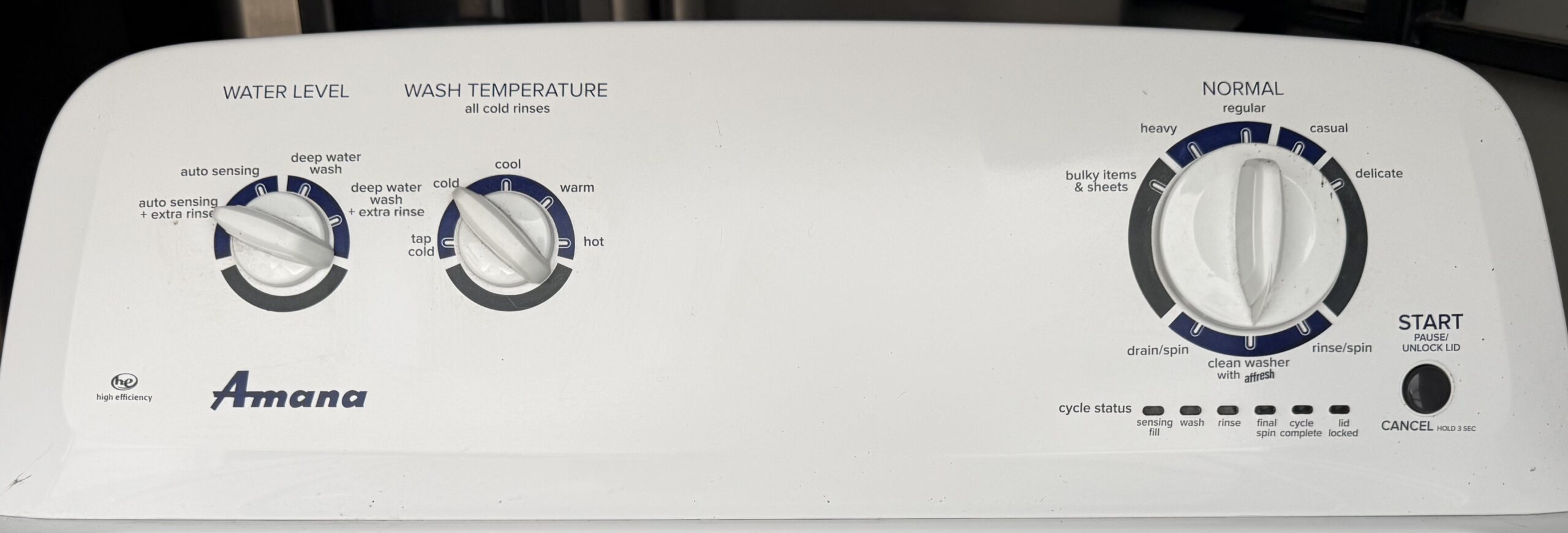 Amana washer top-load control panel close-up