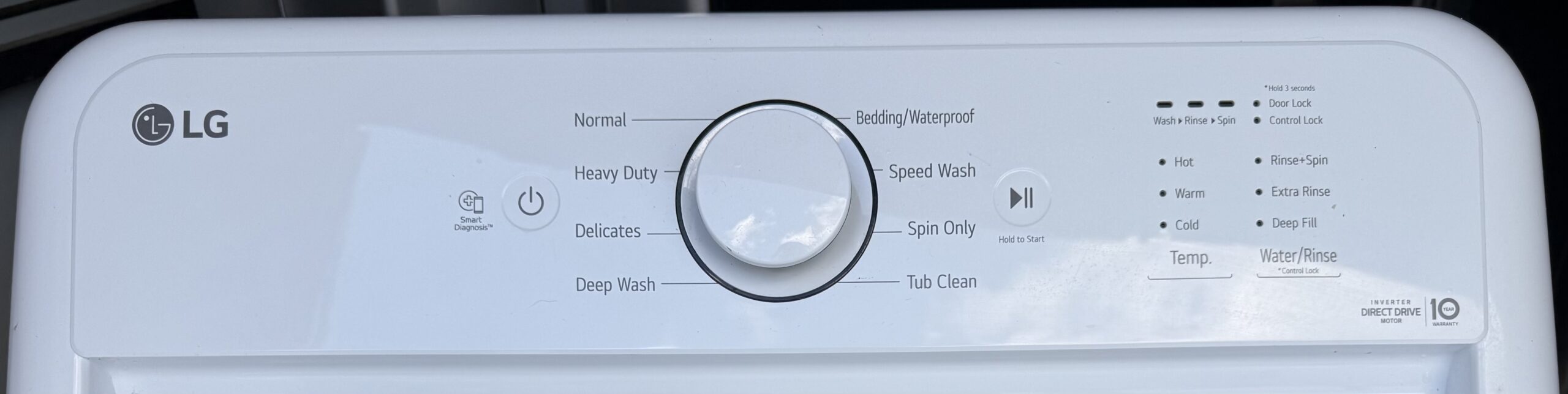 LG washer top-load control panel close-up