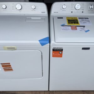 Maytag top load washer and electric dryer set in white, front view