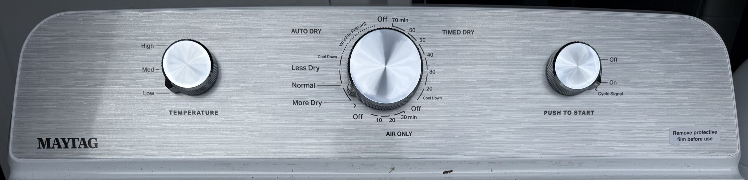 Maytag electric dryer control panel with selector dial