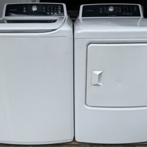 Frigidaire top load washer and front load electric dryer set in white, front view