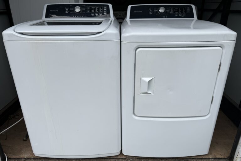 Frigidaire top load washer and front load electric dryer set in white, front view