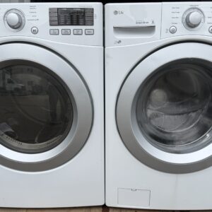 LG front load washer and electric dryer set in white, paired front view