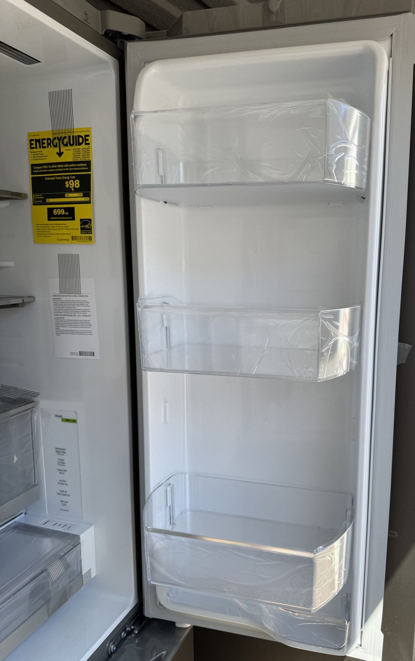 LG French door refrigerator side view showing French door layout and stainless finish