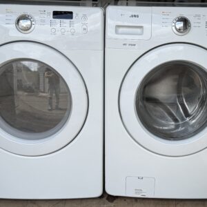 Samsung Front Load Washer and Gas Dryer Set in White — Side by Side