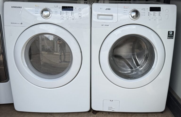 Samsung Front Load Washer and Gas Dryer Set in White — Side by Side