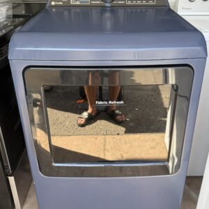 GE Profile Electric Dryer in Sapphire Blue, 7.4 cu ft top-loading dryer with electronic control panel and Fabric Refresh display, front view