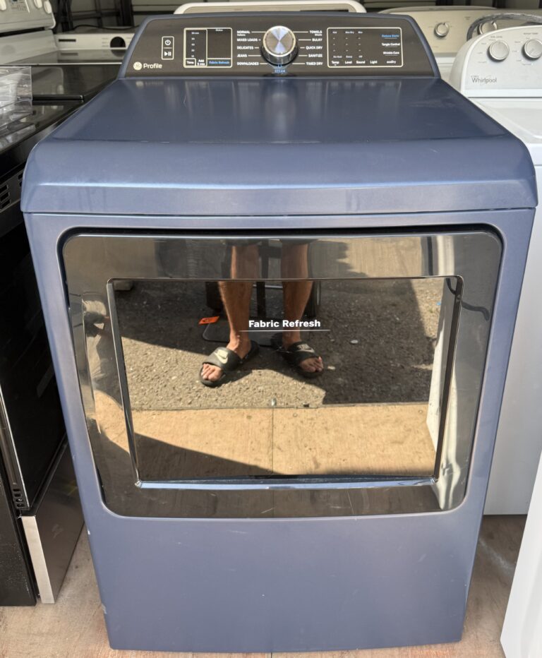 GE Profile Electric Dryer in Sapphire Blue, 7.4 cu ft top-loading dryer with electronic control panel and Fabric Refresh display, front view