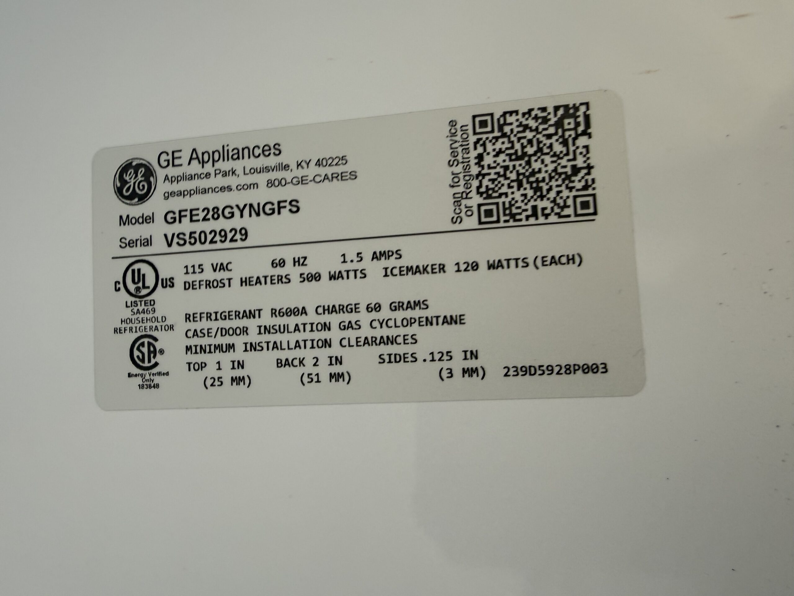 GE Appliances label showing model GFE28GYNGFS and serial VS502929, 115V refrigerator specs with R600A refrigerant and ENERGY STAR certification