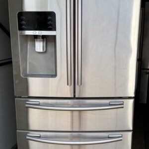 Samsung 25.5 cu ft 4-Door French Door Refrigerator in stainless steel with external water and ice dispenser and dual bottom drawers, front view