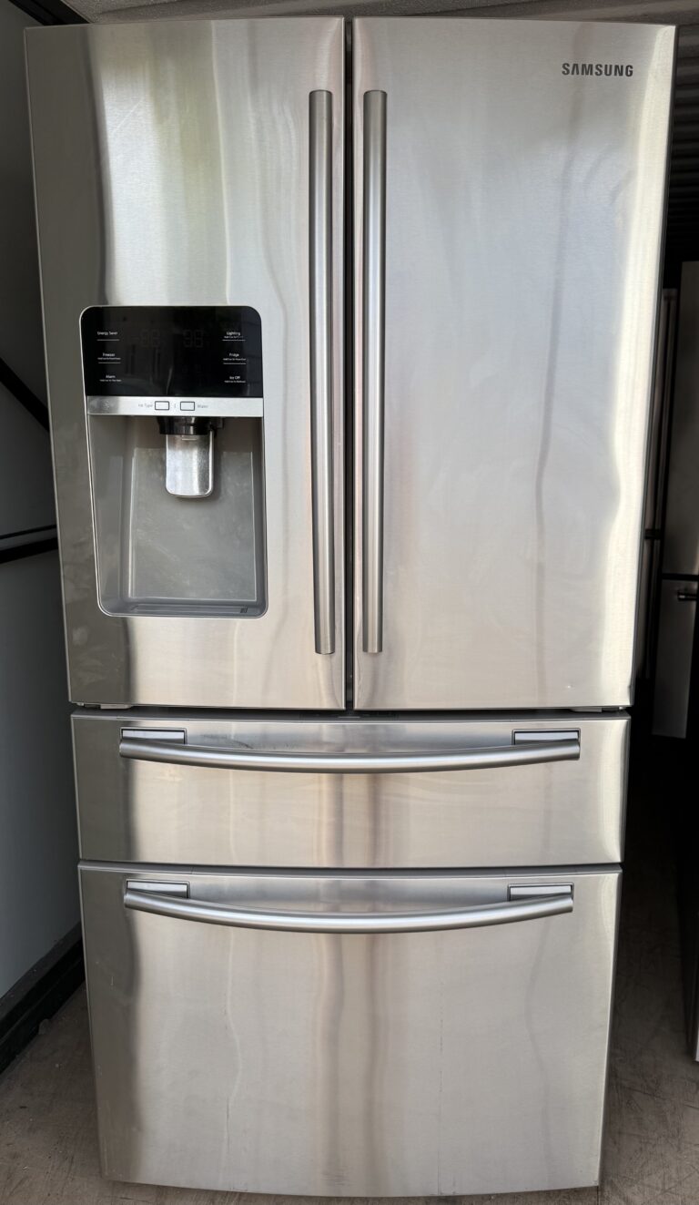 Samsung 25.5 cu ft 4-Door French Door Refrigerator in stainless steel with external water and ice dispenser and dual bottom drawers, front view