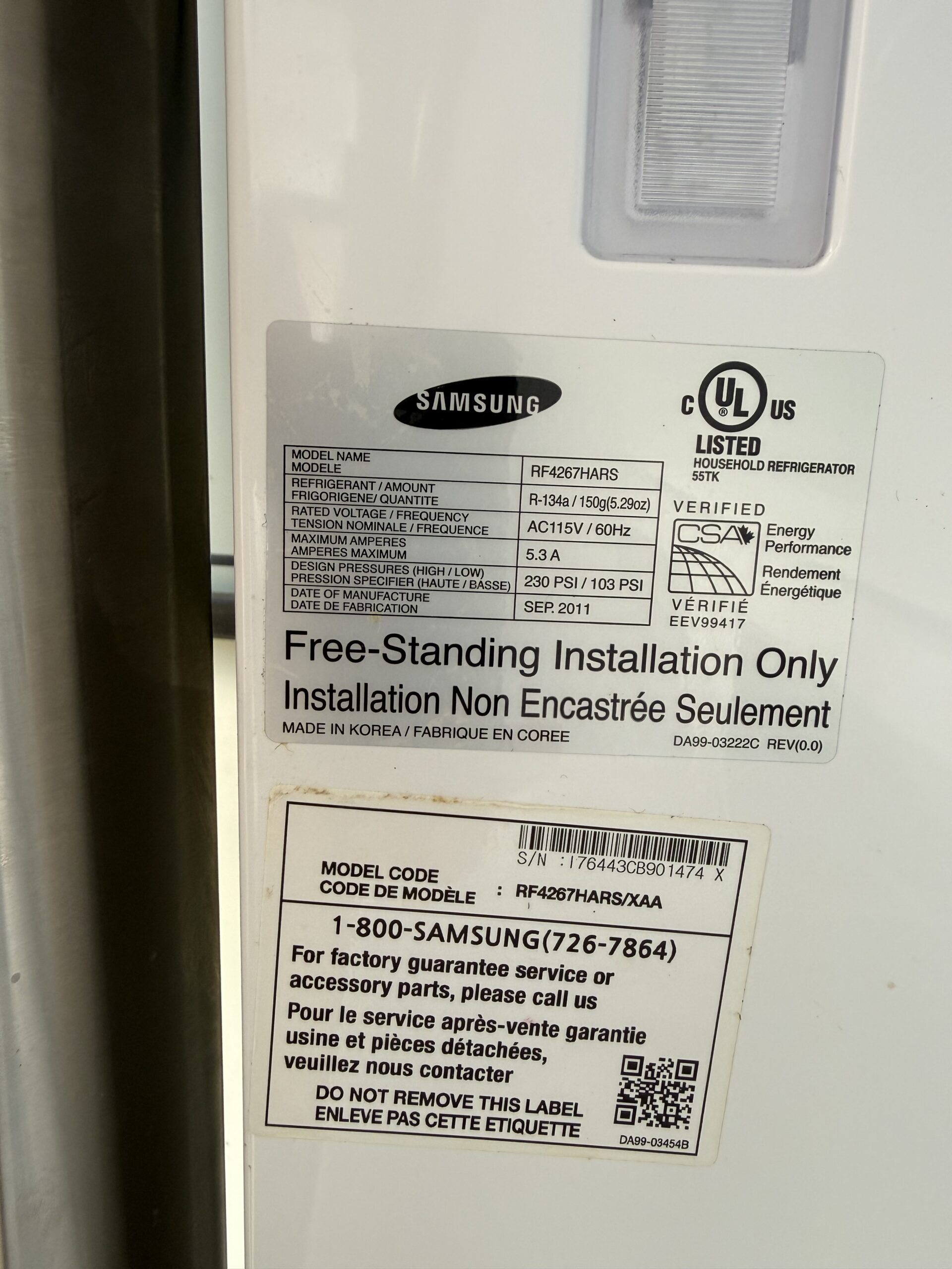 Samsung RF4267HARS model and serial label showing manufacture date September 2011