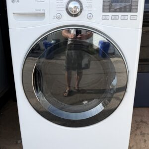 LG TrueSteam gas dryer in white with dark blue tinted door cover and LED control panel display, front view