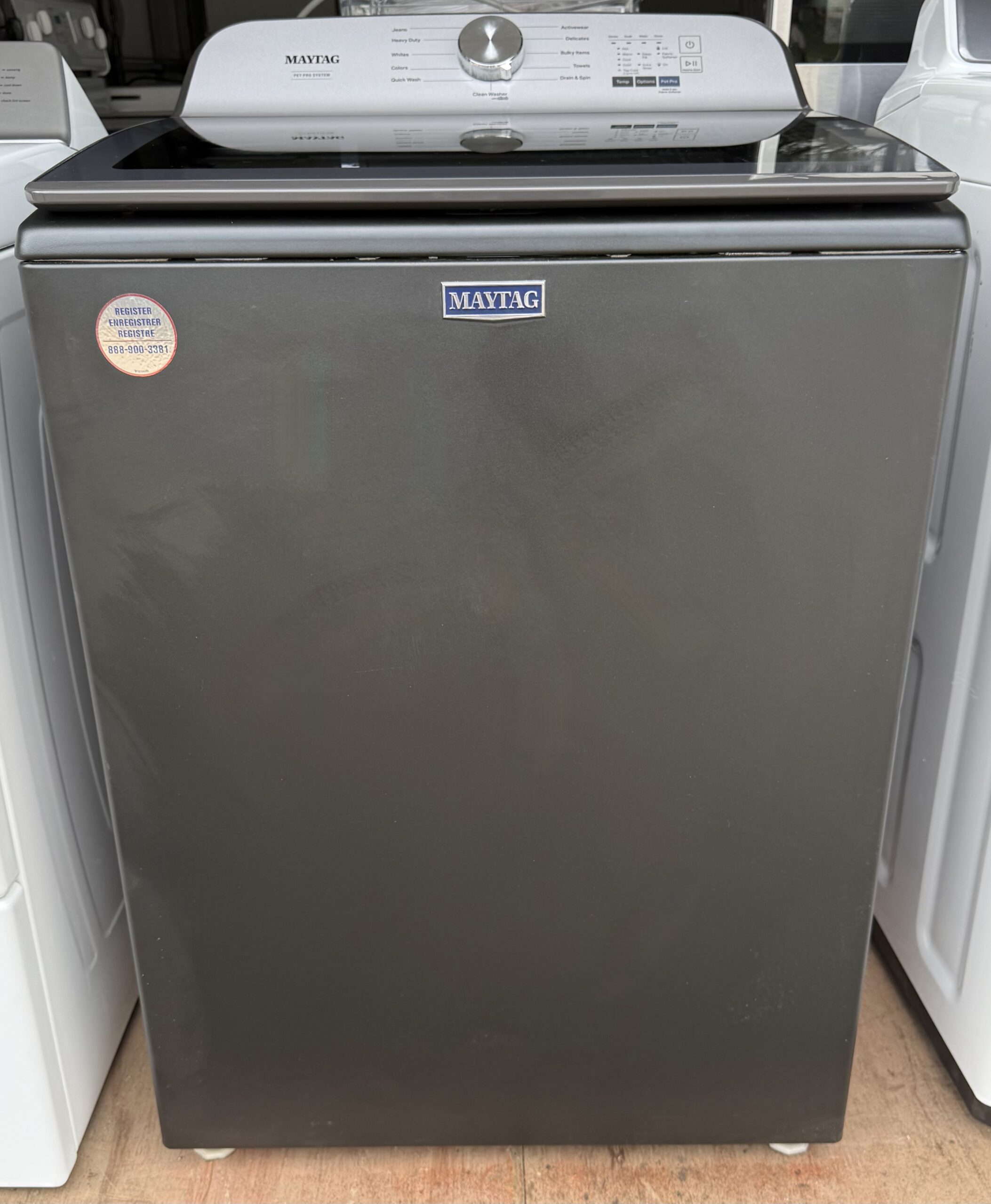 Maytag Pet Pro top-load washer in Volcano Black, front view