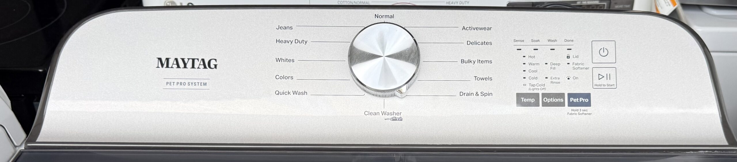 Maytag Pet Pro washer control panel and wash cycle settings