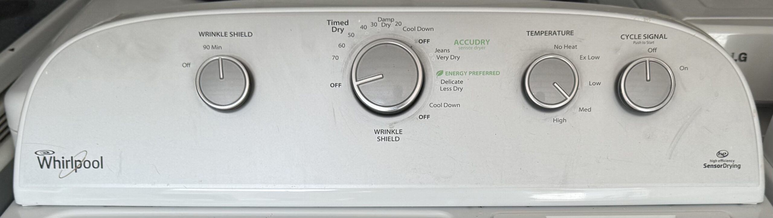 Whirlpool electric dryer control panel with Wrinkle Shield, Timed Dry, AccuDry, Temperature and Cycle Signal