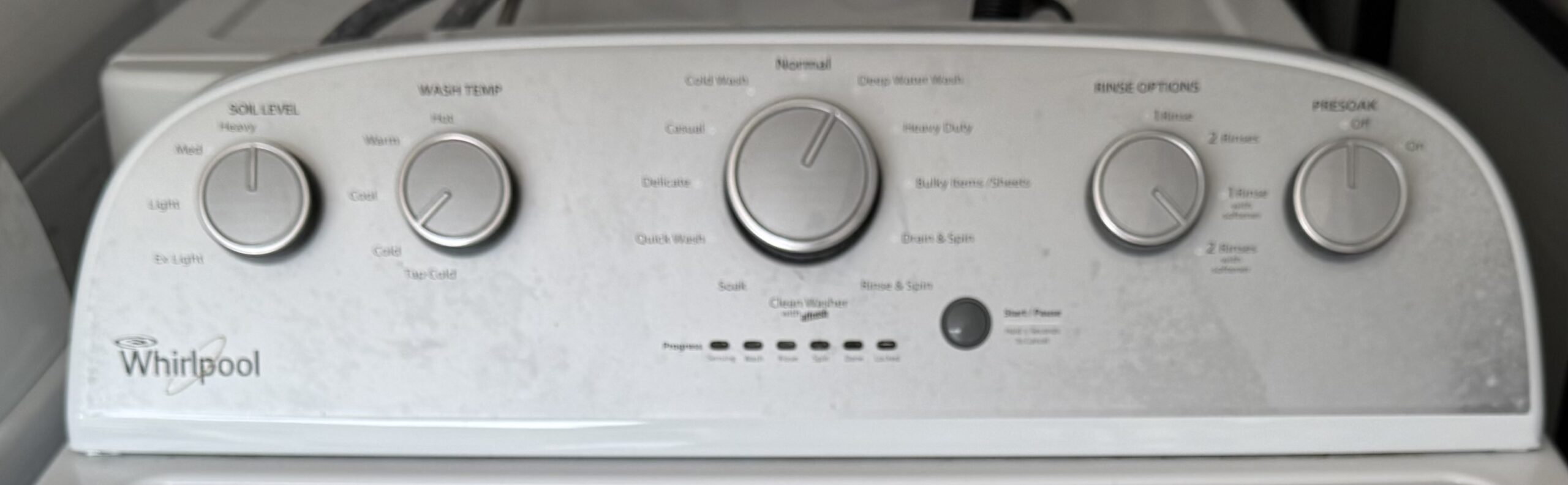 Whirlpool top load washer control panel with Soil Level, Wash Temp, cycle selector, Rinse Options and Presoak