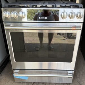 Café stainless steel slide-in gas range, full front view with front control knobs and large oven window