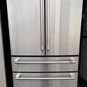 Café 4-door French door refrigerator in stainless steel with brushed stainless handles, front view