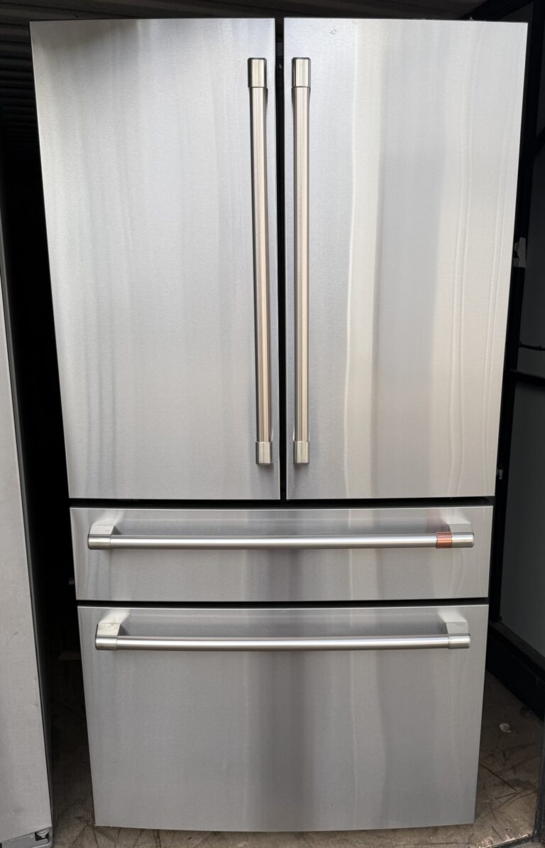 Café 4-door French door refrigerator in stainless steel with brushed stainless handles, front view