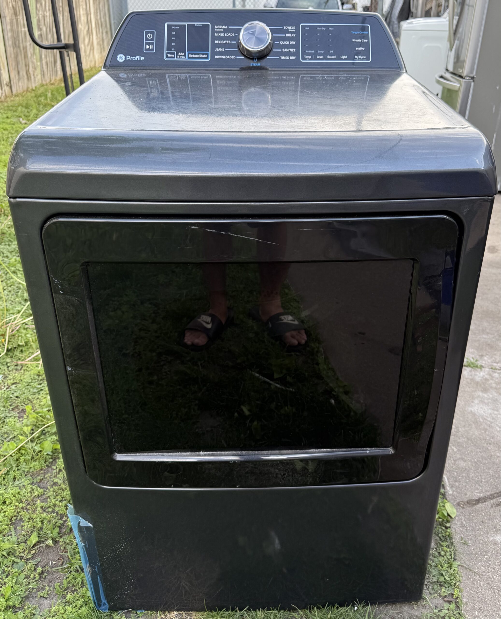 GE Profile gas dryer Diamond Gray, front view with control panel
