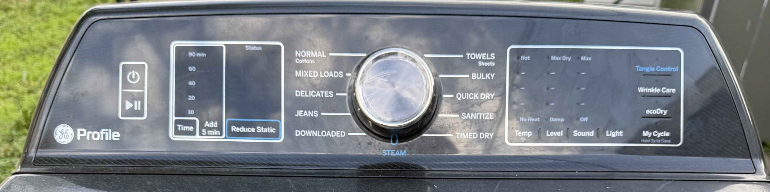 GE Profile gas dryer control panel and cycle selector