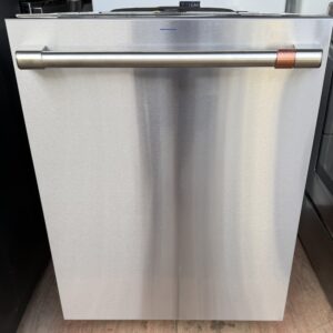 Café stainless steel dishwasher, full front view with brushed stainless bar handle and copper accent