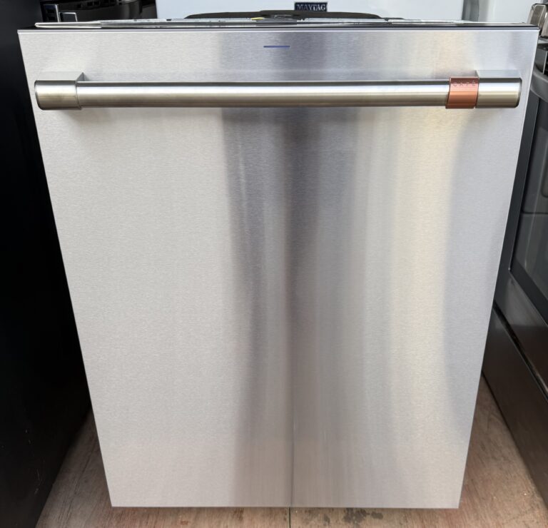 Café stainless steel dishwasher, full front view with brushed stainless bar handle and copper accent
