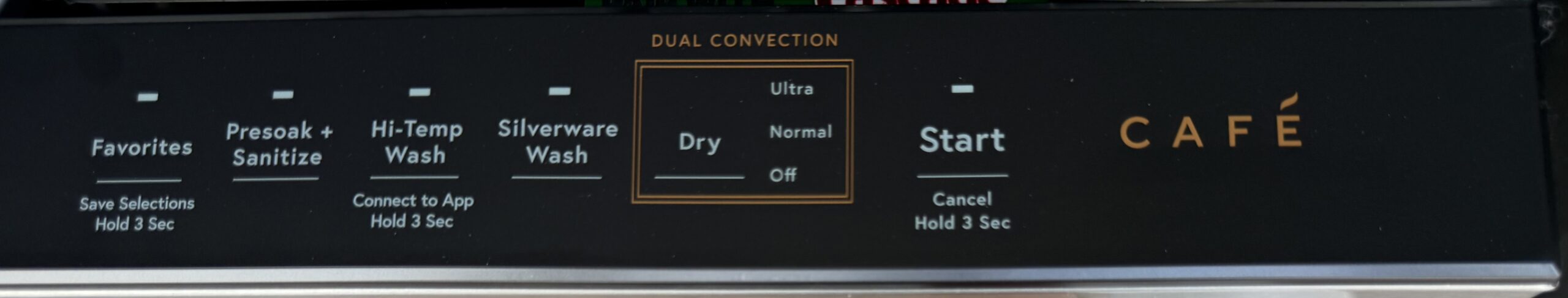 Café dishwasher top control panel showing Dual Convection dry options and wash cycles