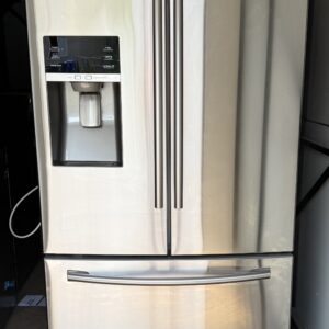 Samsung 28 cu ft 3-door French door refrigerator in stainless steel with external ice and water dispenser, front view