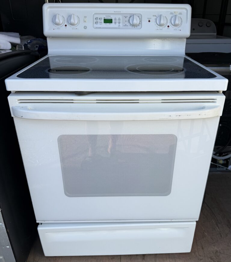 GE 30 inch white freestanding smoothtop electric range, front view