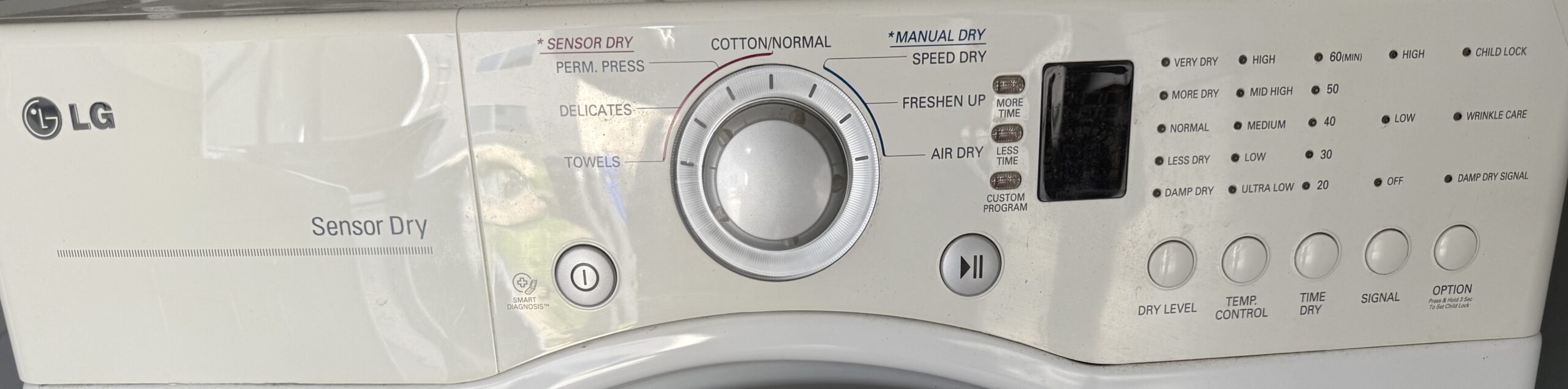 LG dryer control panel with Sensor Dry dial and cycle options