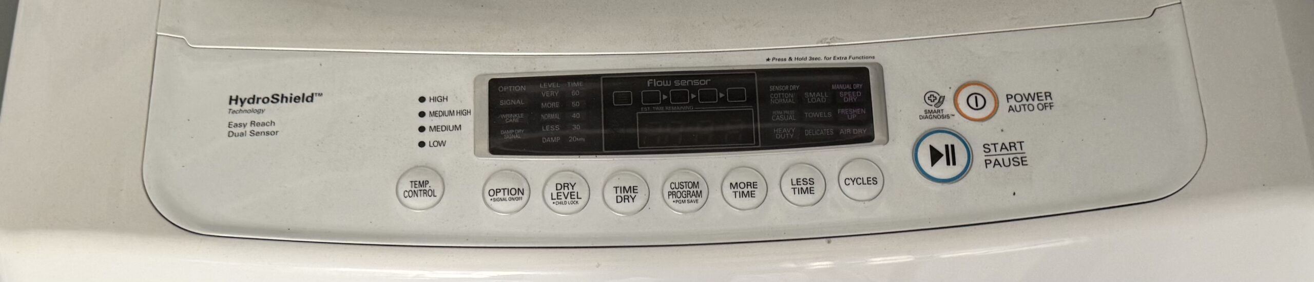 LG electric dryer front control panel with LED display
