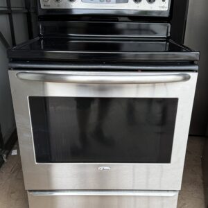 Amana 30 inch electric range stainless steel smooth glass top — front view