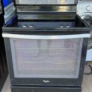 Whirlpool 30 inch electric range, black with glass cooktop — front view