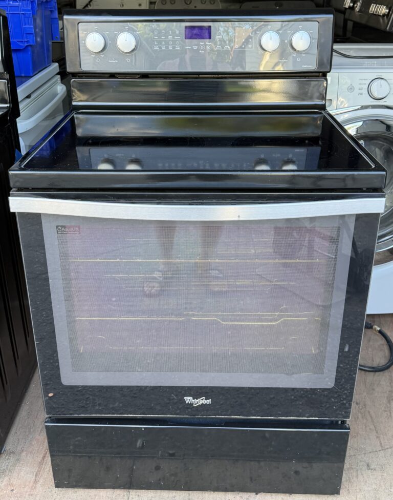 Whirlpool 30 inch electric range, black with glass cooktop — front view