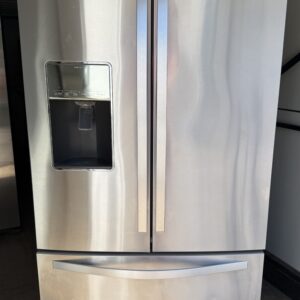 Whirlpool French door refrigerator, stainless steel with exterior ice and water dispenser — front view