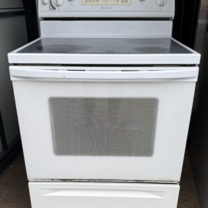 Whirlpool white 30 inch electric range with smooth glass cooktop — front view