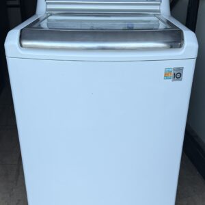 LG white mega capacity top load washer — front view