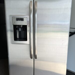 GE counter-depth side-by-side refrigerator stainless steel — front view