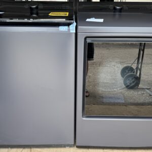 LG matched top-load washer and electric dryer set matte black — front view