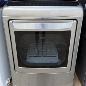 LG gas steam dryer graphite steel with glass door — front view