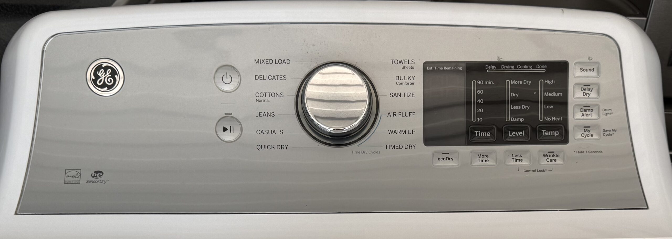GE electric dryer control panel with cycle options