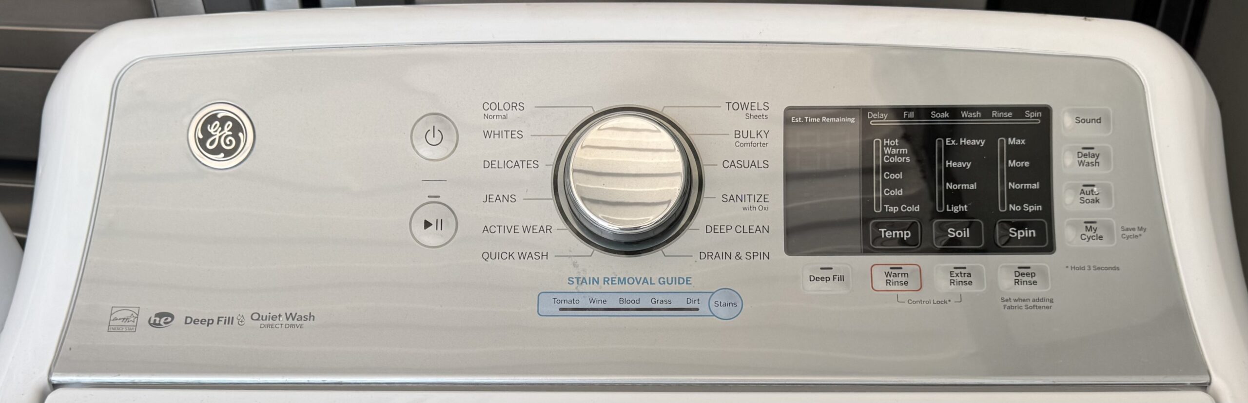 GE top-load washer control panel with cycle dial